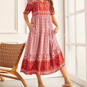 Suzanne Betro burgundy and pink floral boho tiered dress size L with pockets